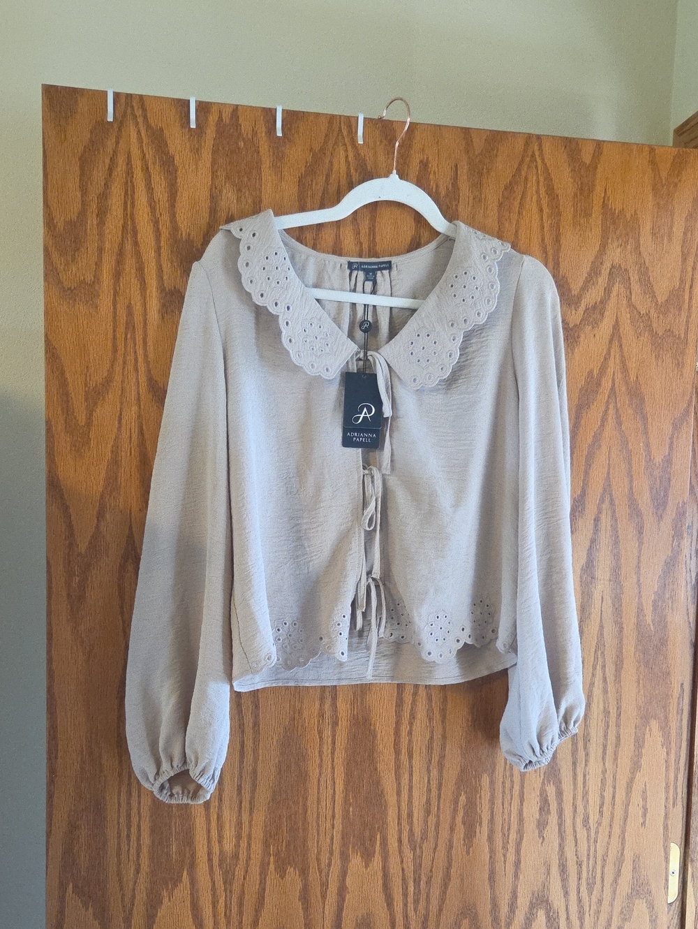 Adrianna Papell Cream Eyelet-Trim Tie-Front Blouse